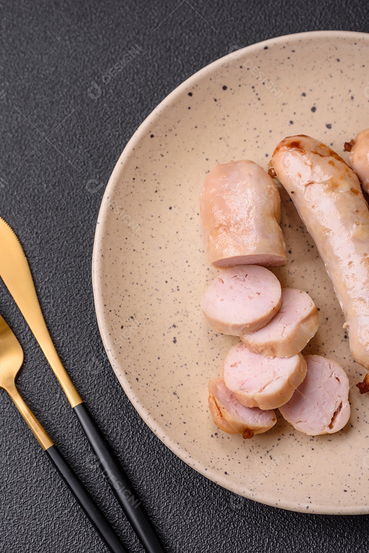 Deliciosos enchidos de frango ou porco grelhados com sal, especiarias e ervas sobre um fundo escuro de concreto