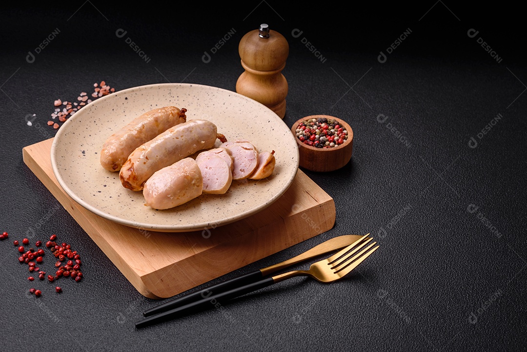 Deliciosos enchidos de frango ou porco grelhados com sal, especiarias e ervas sobre um fundo escuro de concreto