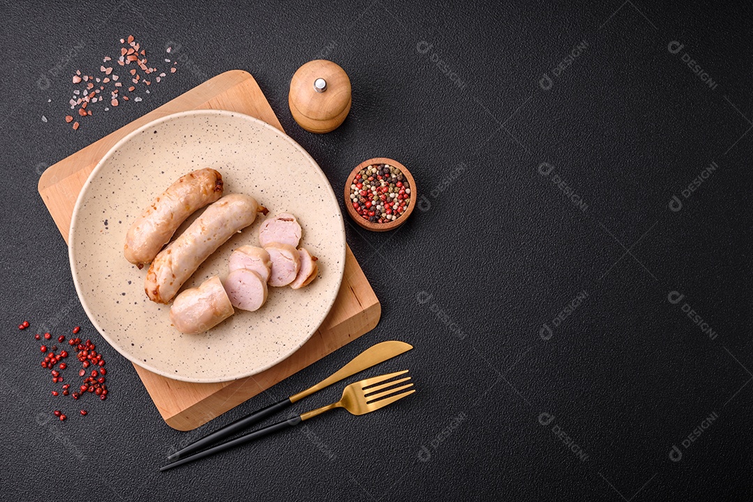 Deliciosos enchidos de frango ou porco grelhados com sal, especiarias e ervas sobre um fundo escuro de concreto