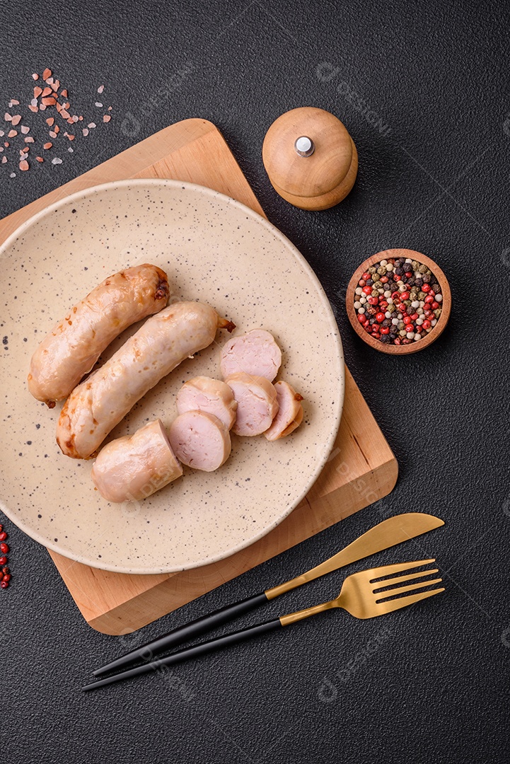 Deliciosos enchidos de frango ou porco grelhados com sal, especiarias e ervas sobre um fundo escuro de concreto