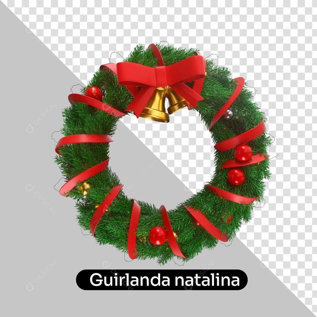 Guirlanda Natalina Laço e Sino Elemento 3D Para Composição PSD