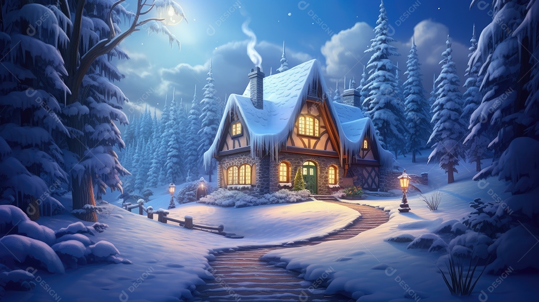 Uma casa de Natal na neve com luzes