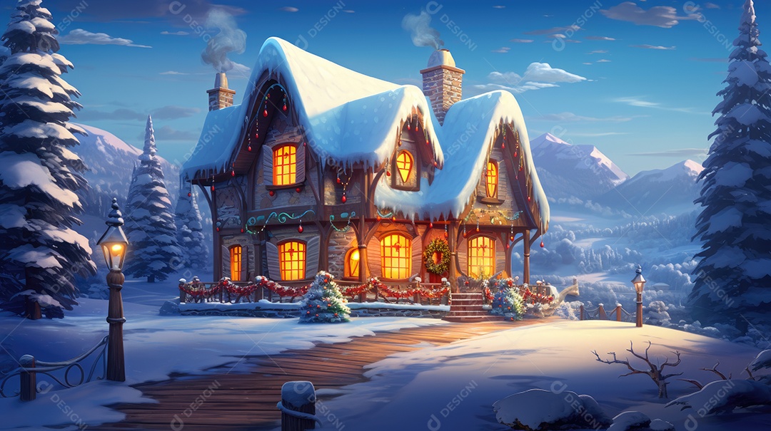 Uma casa de Natal na neve com luzes