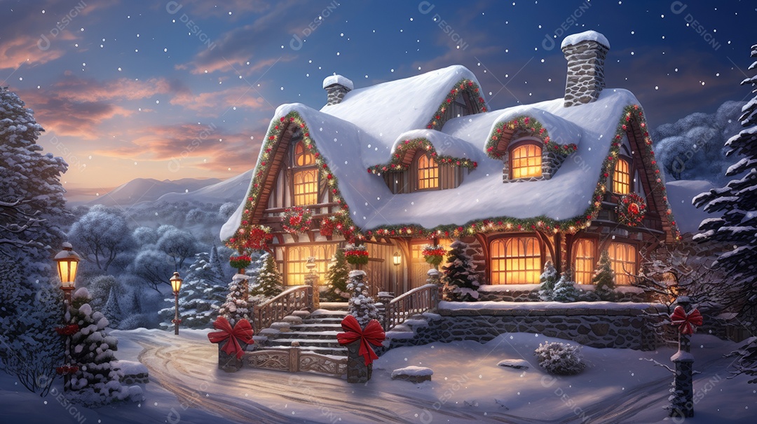 Uma casa de Natal na neve com luzes
