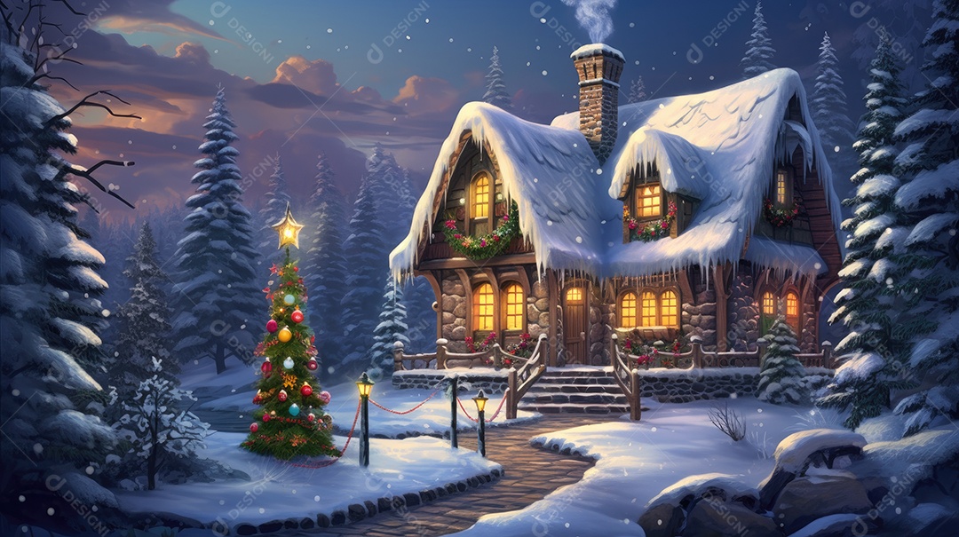 Uma casa de Natal na neve com luzes