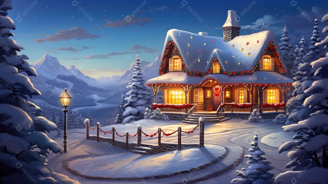 Uma casa de Natal na neve com luzes