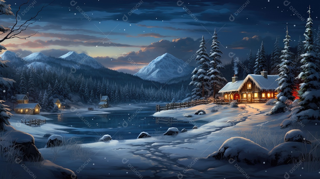 Uma casa de Natal na neve com luzes