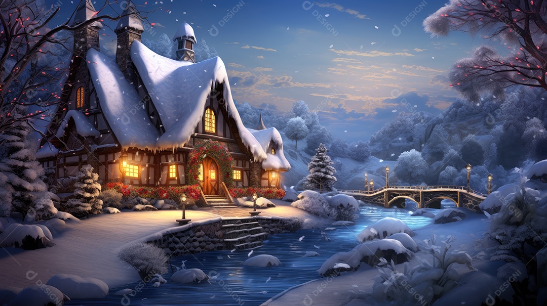 Uma casa de Natal na neve com luzes