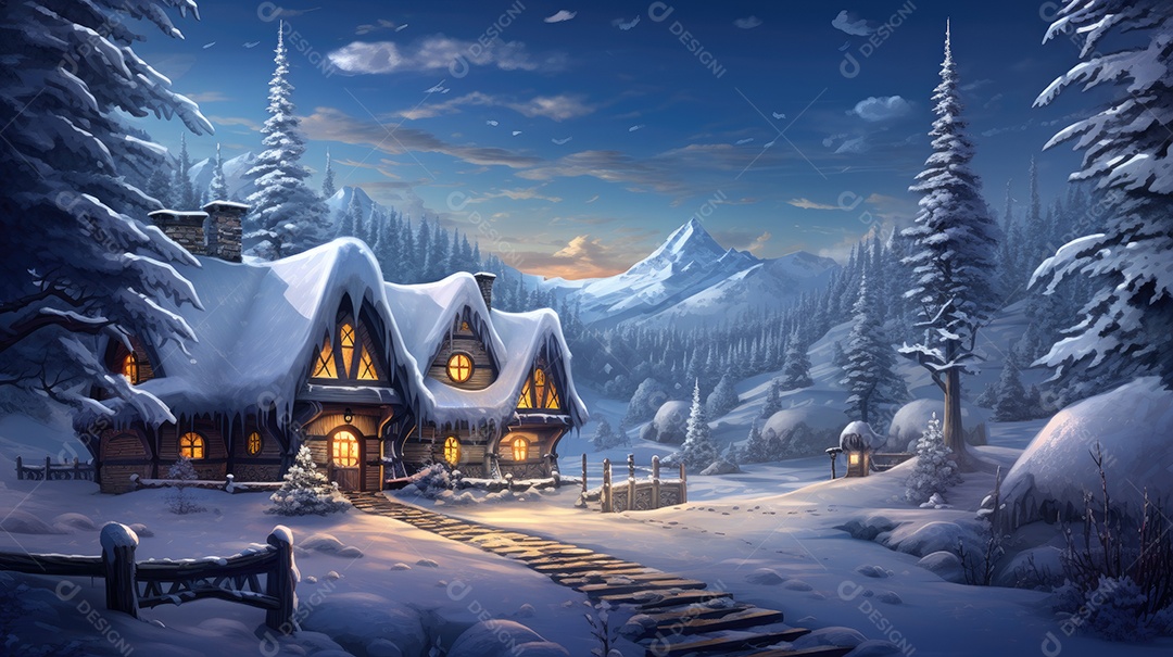 Uma casa de Natal na neve com luzes