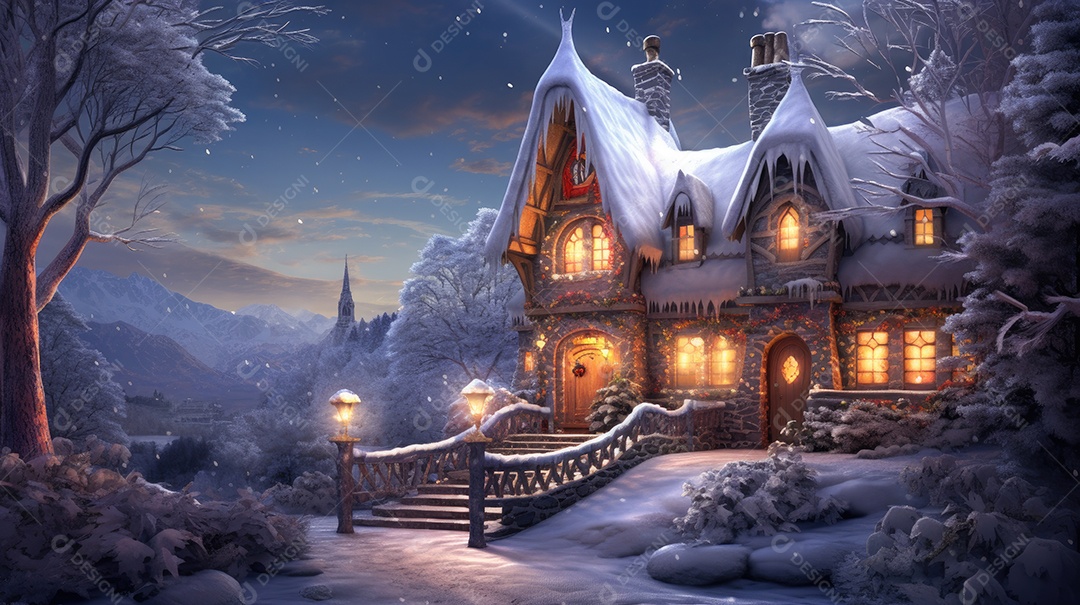 Uma casa de Natal na neve com luzes