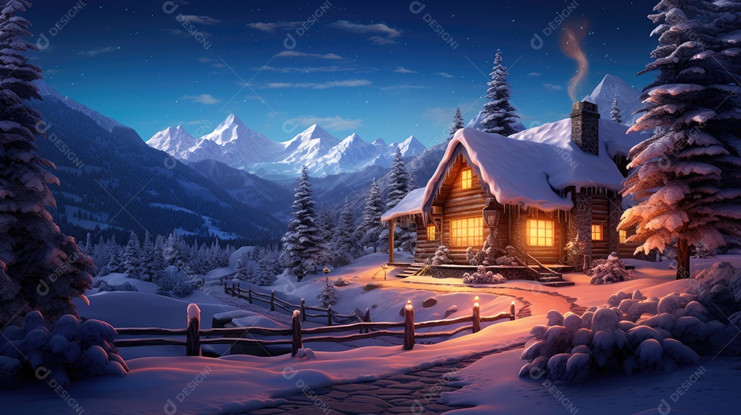 Uma casa de Natal na neve com luzes