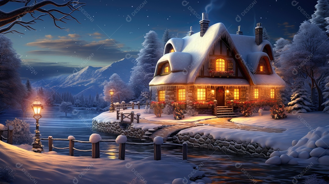 Uma casa de Natal na neve com luzes