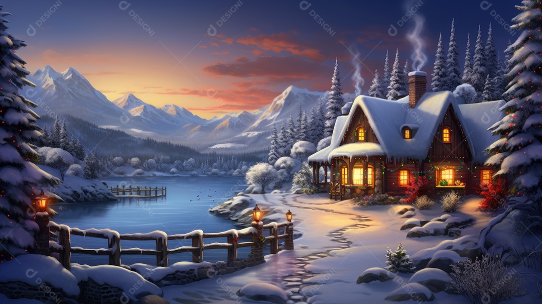 Uma casa de Natal na neve com luzes