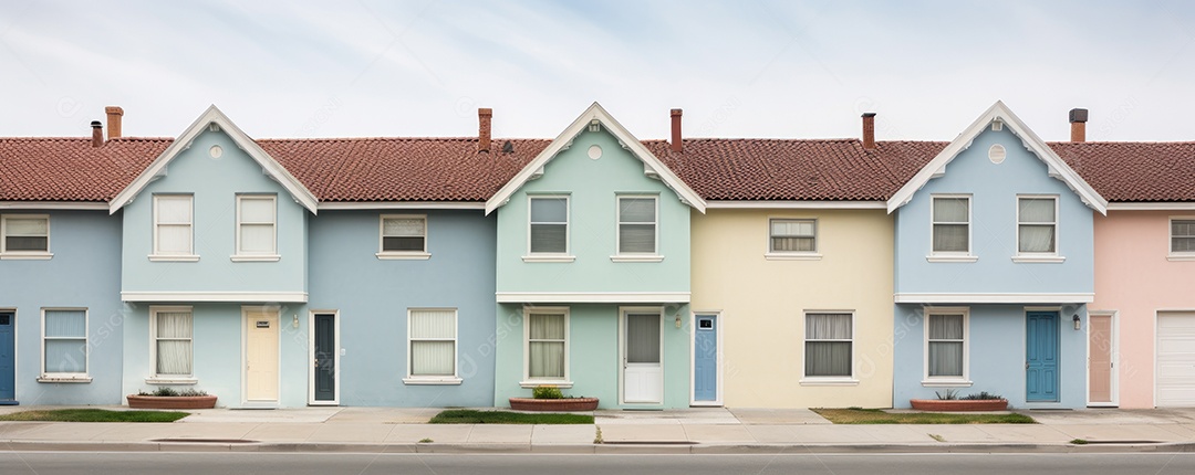 Uma rua de tijolos coloridos ladeada por casas geminadas