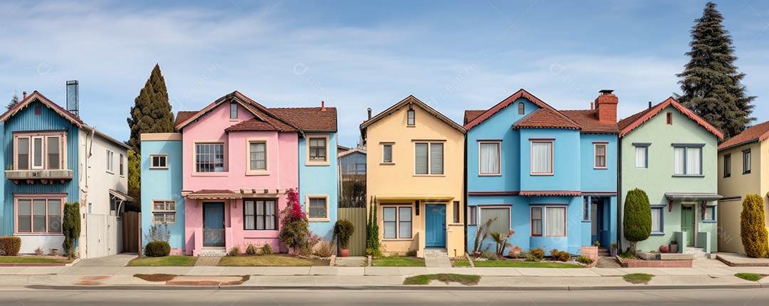 Uma rua de tijolos coloridos ladeada por casas geminadas