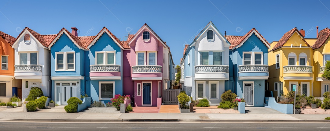 Uma rua de tijolos coloridos ladeada por casas geminadas
