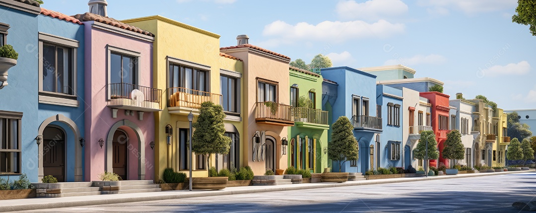 Uma rua de tijolos coloridos ladeada por casas geminadas