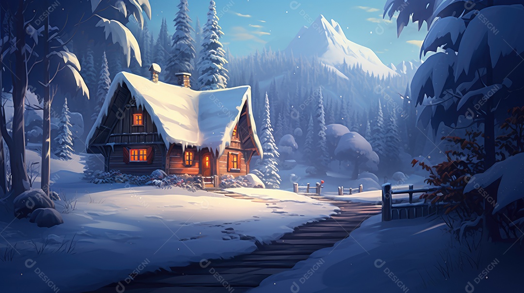 Uma casa de Natal na neve com luzes