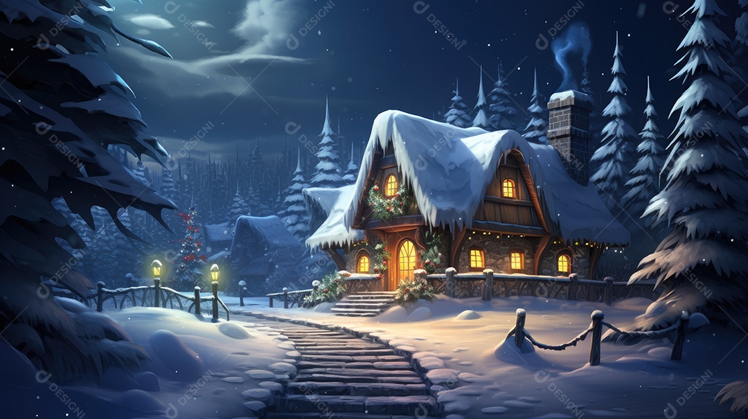 Uma casa de Natal na neve com luzes