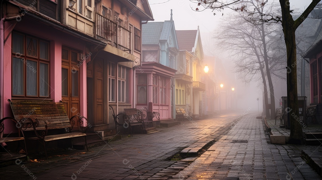 Uma rua de tijolos coloridos ladeada por casas geminadas