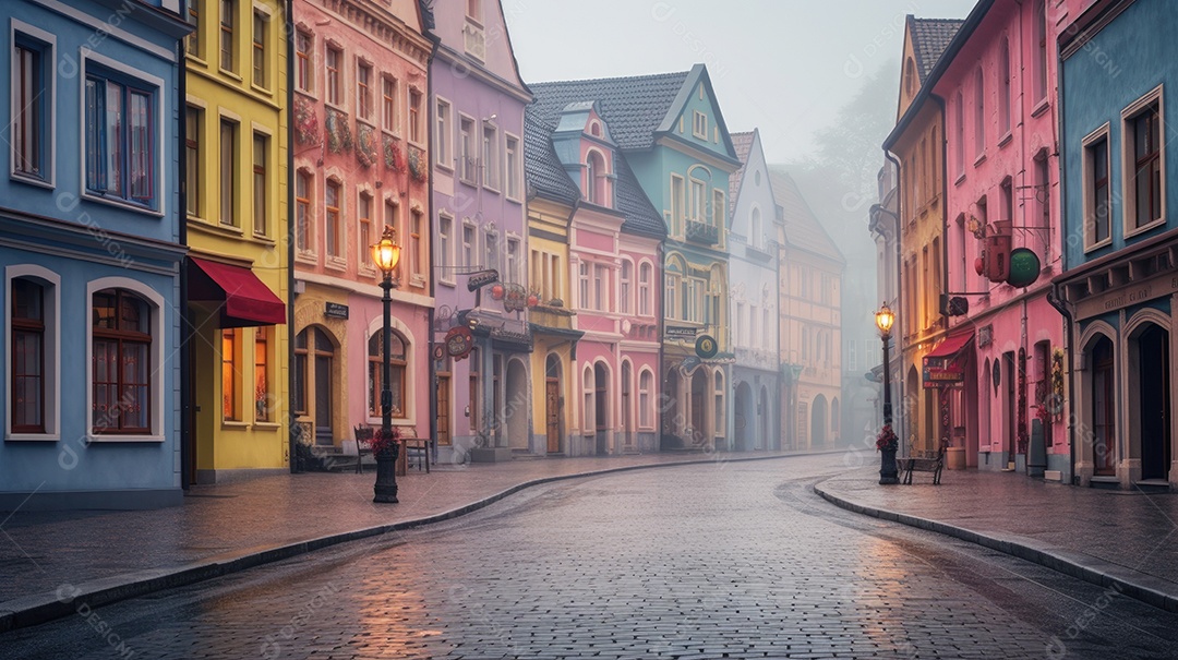 Uma rua de tijolos coloridos ladeada por casas geminadas