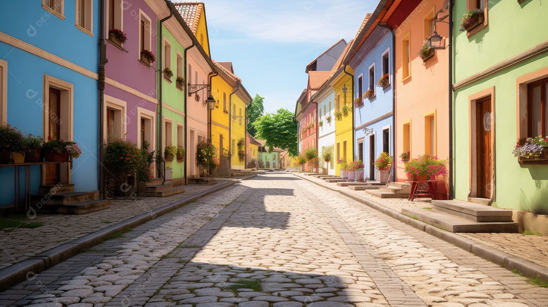 Uma rua de tijolos coloridos ladeada por casas geminadas