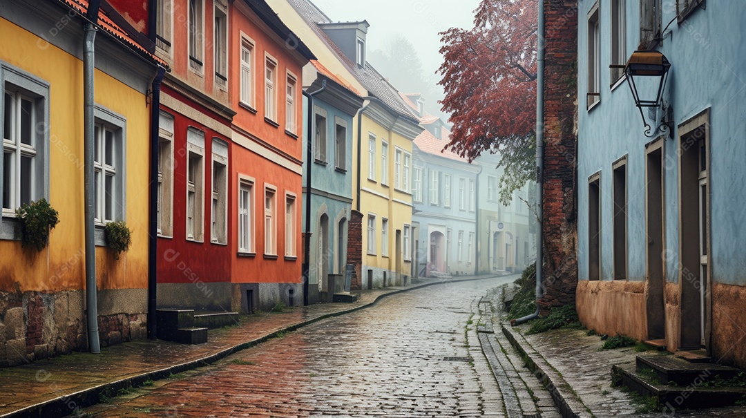 Uma rua de tijolos coloridos ladeada por casas geminadas