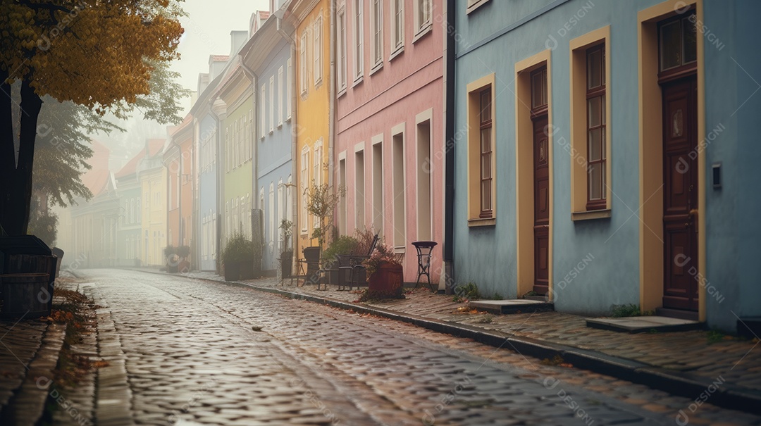 Uma rua de tijolos coloridos ladeada por casas geminadas