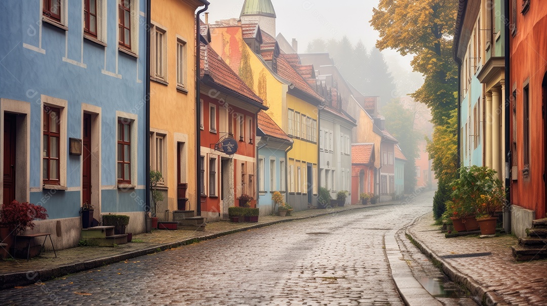 Uma rua de tijolos coloridos ladeada por casas geminadas