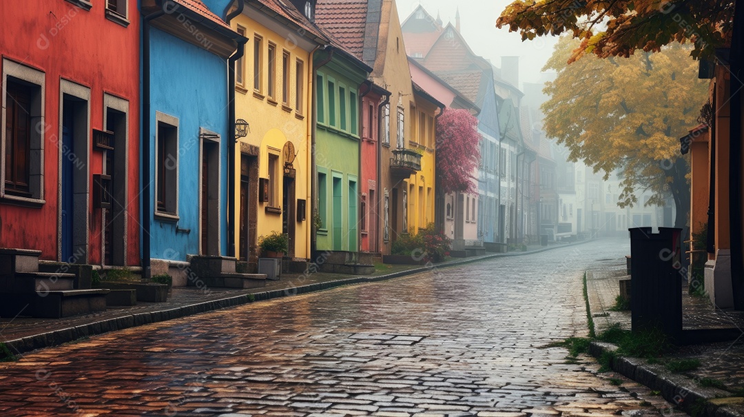 Uma rua de tijolos coloridos ladeada por casas geminadas