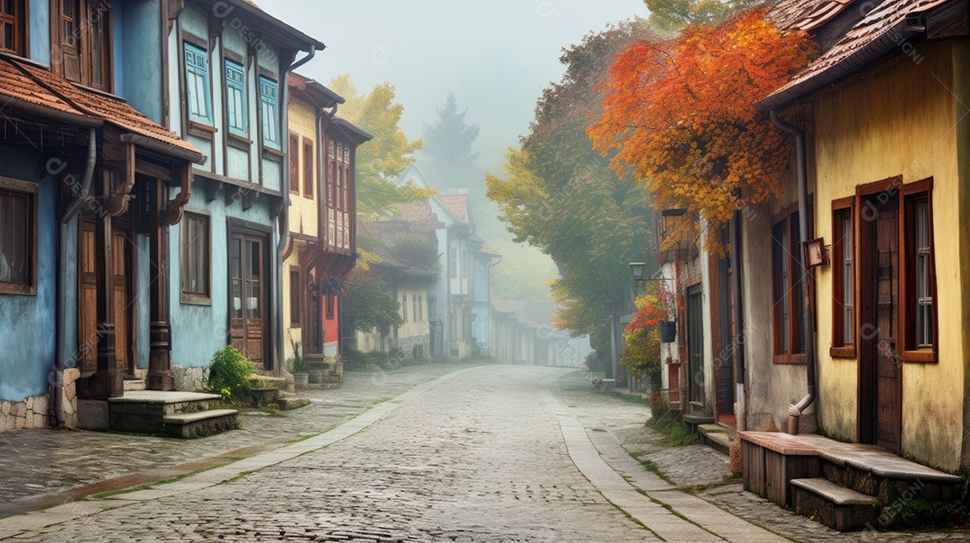 Uma rua de tijolos coloridos ladeada por casas geminadas