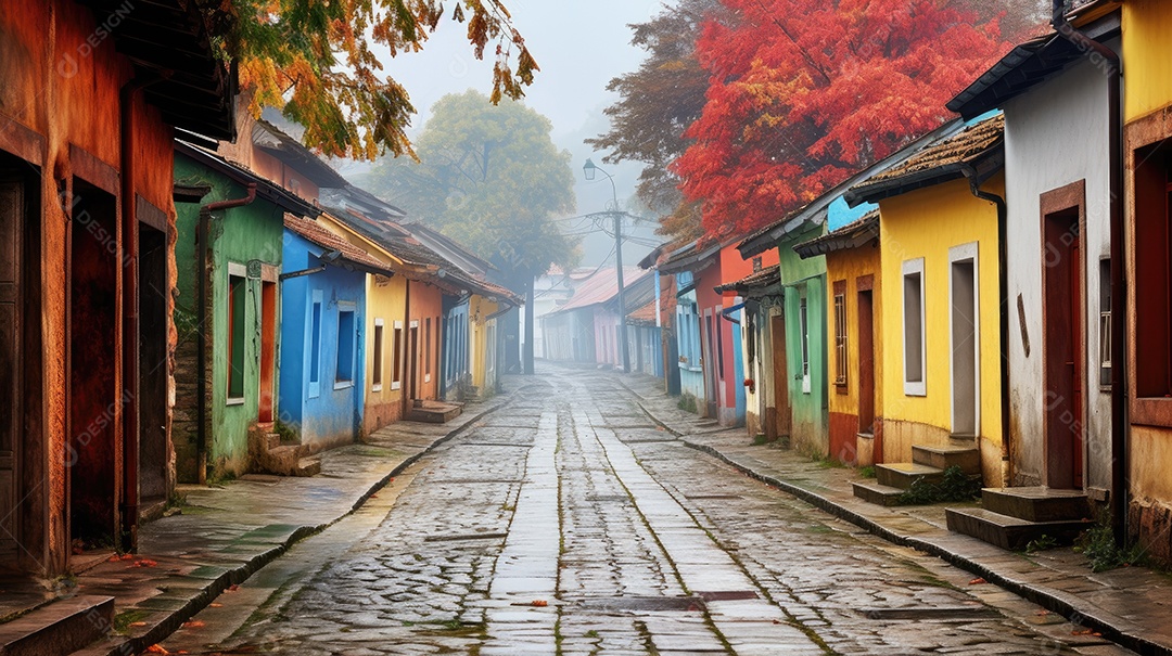 Uma rua de tijolos coloridos ladeada por casas geminadas