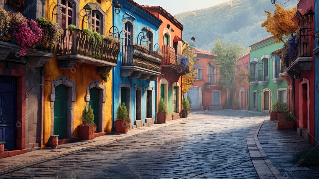 Uma rua de tijolos coloridos ladeada por casas geminadas