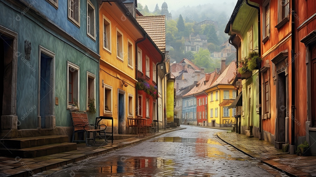 Uma rua de tijolos coloridos ladeada por casas geminadas
