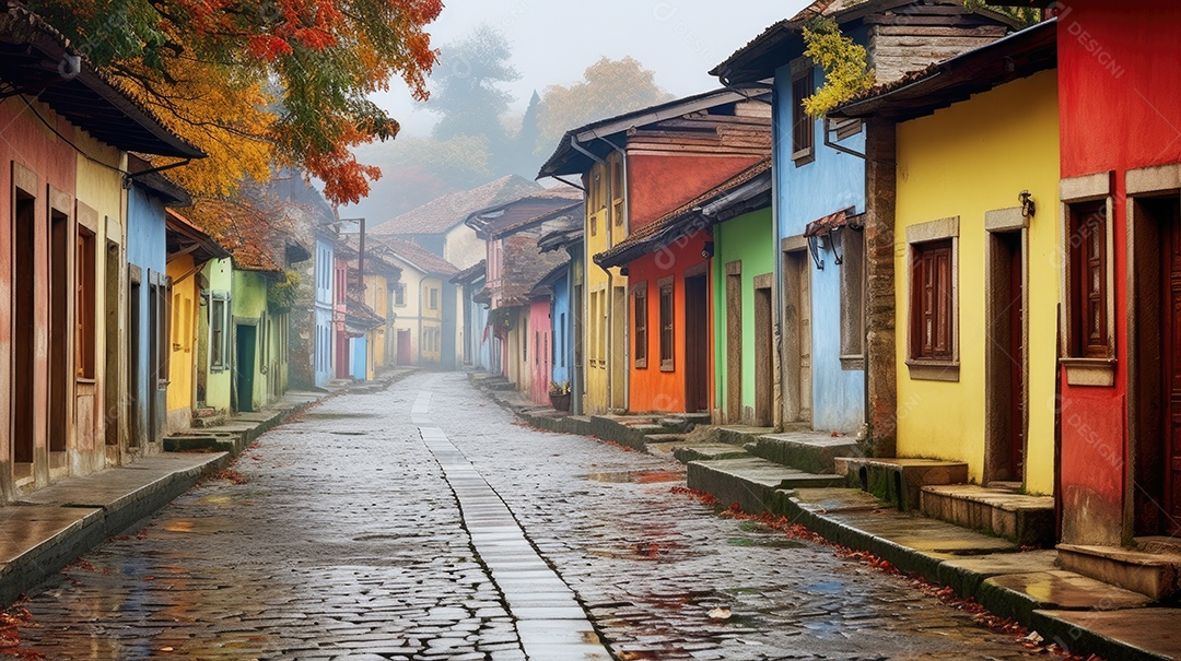 Uma rua de tijolos coloridos ladeada por casas geminadas
