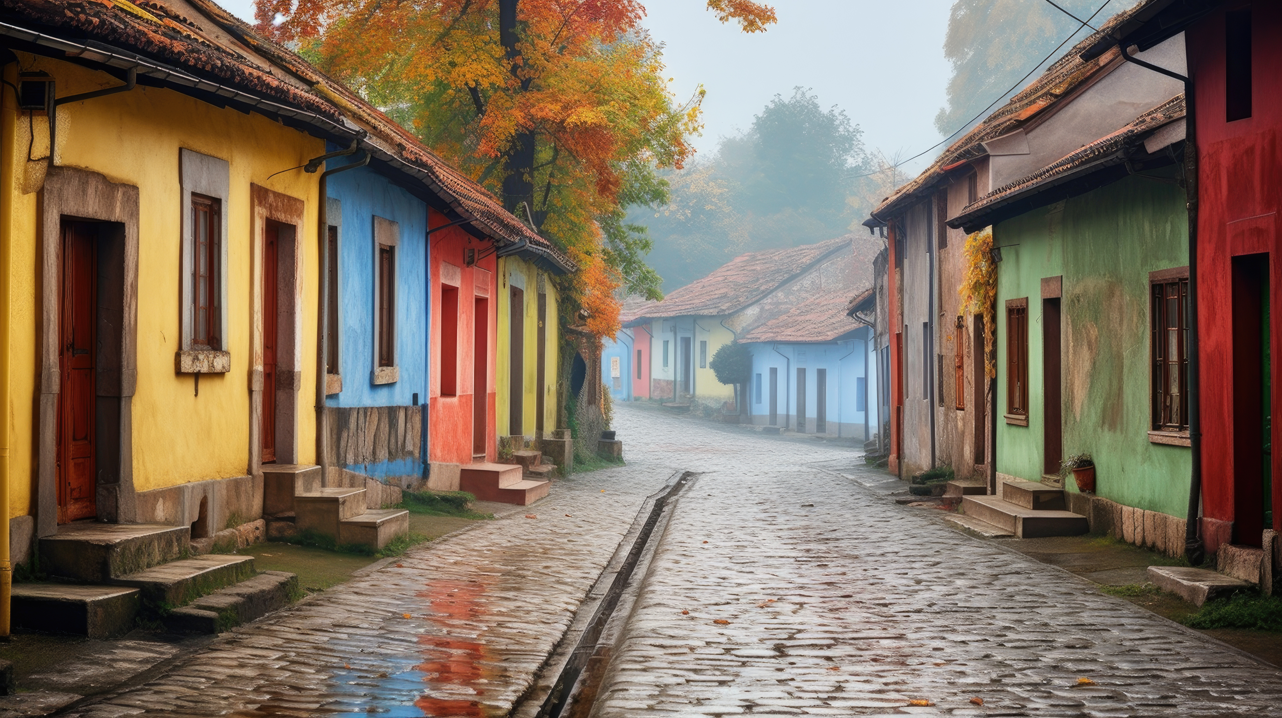 Uma rua de tijolos coloridos ladeada por casas geminadas