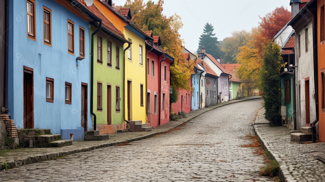 Uma rua de tijolos coloridos ladeada por casas geminadas