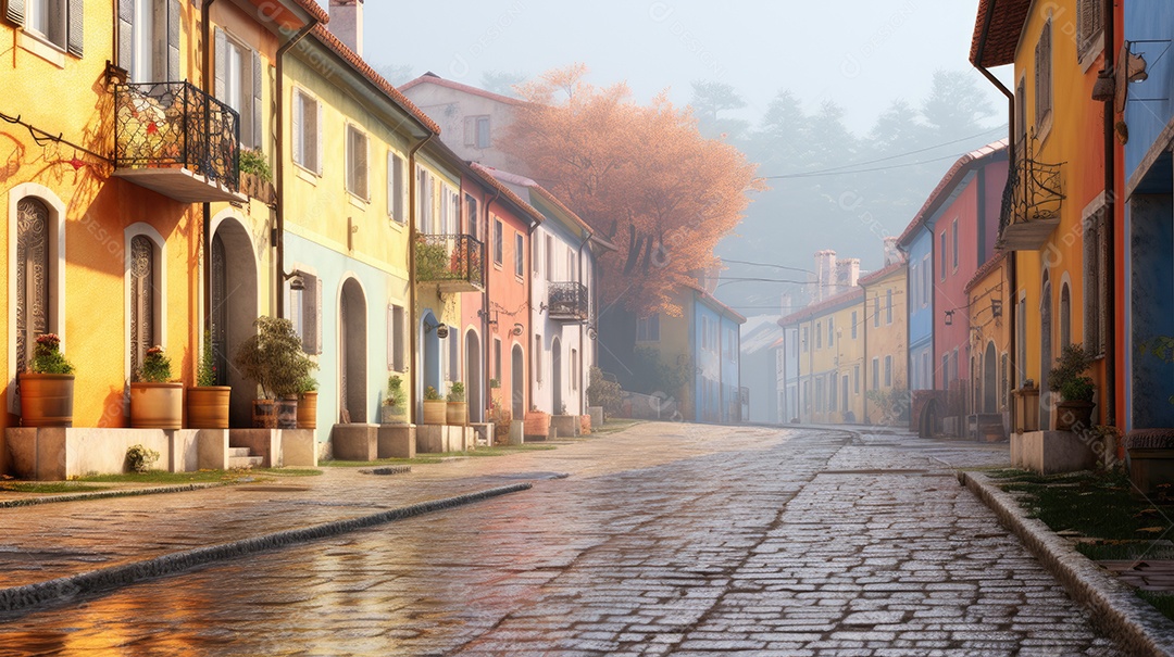 Uma rua de tijolos coloridos ladeada por casas geminadas