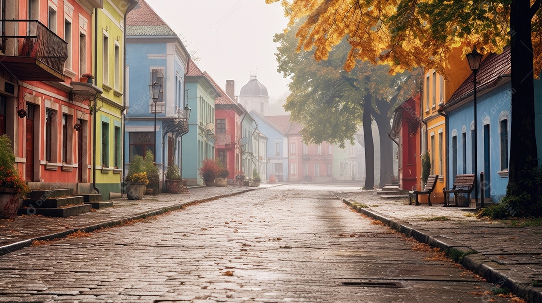 Uma rua de tijolos coloridos ladeada por casas geminadas