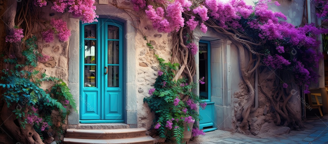 Uma velha casa de pedra com flores roxas na janela porta e janela azuis