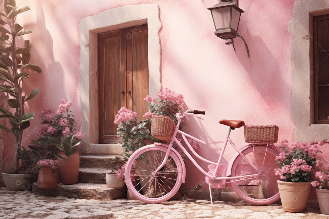 Bicicleta rosa Ibiza na rua em frente a uma pequena praça