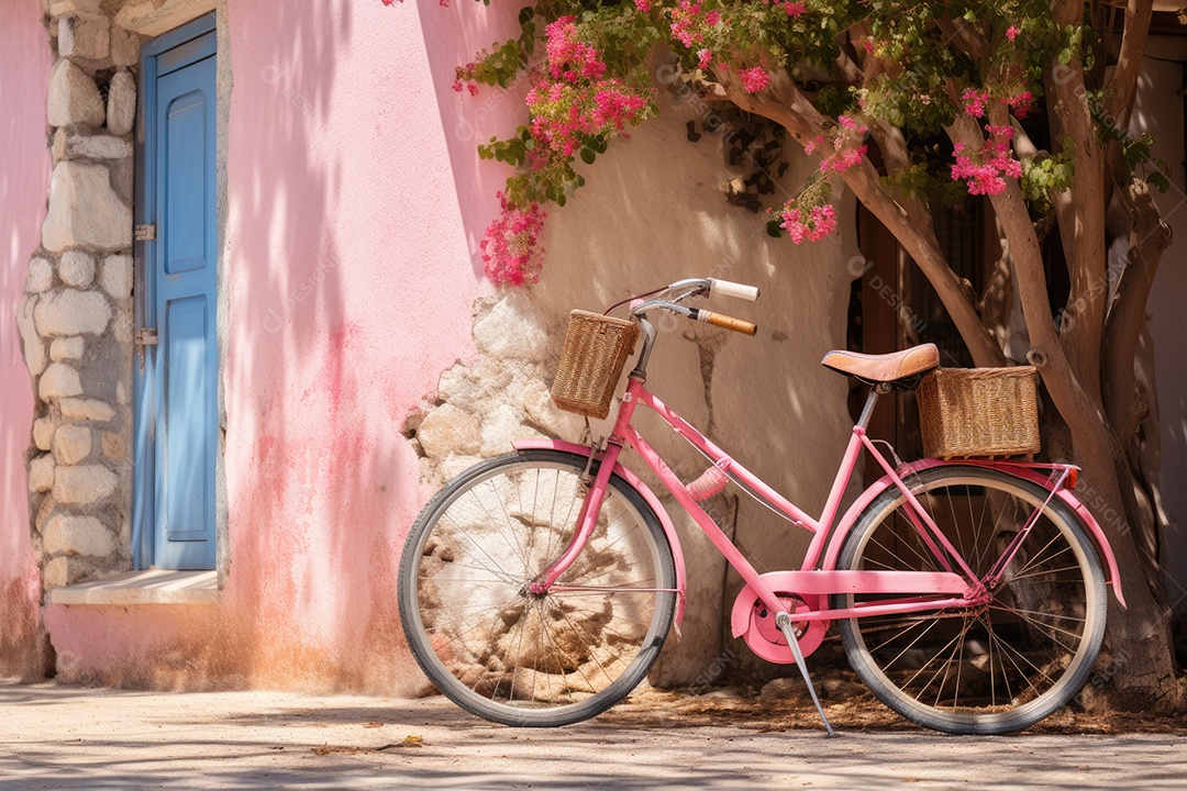 Bicicleta rosa Ibiza na rua em frente a uma pequena praça