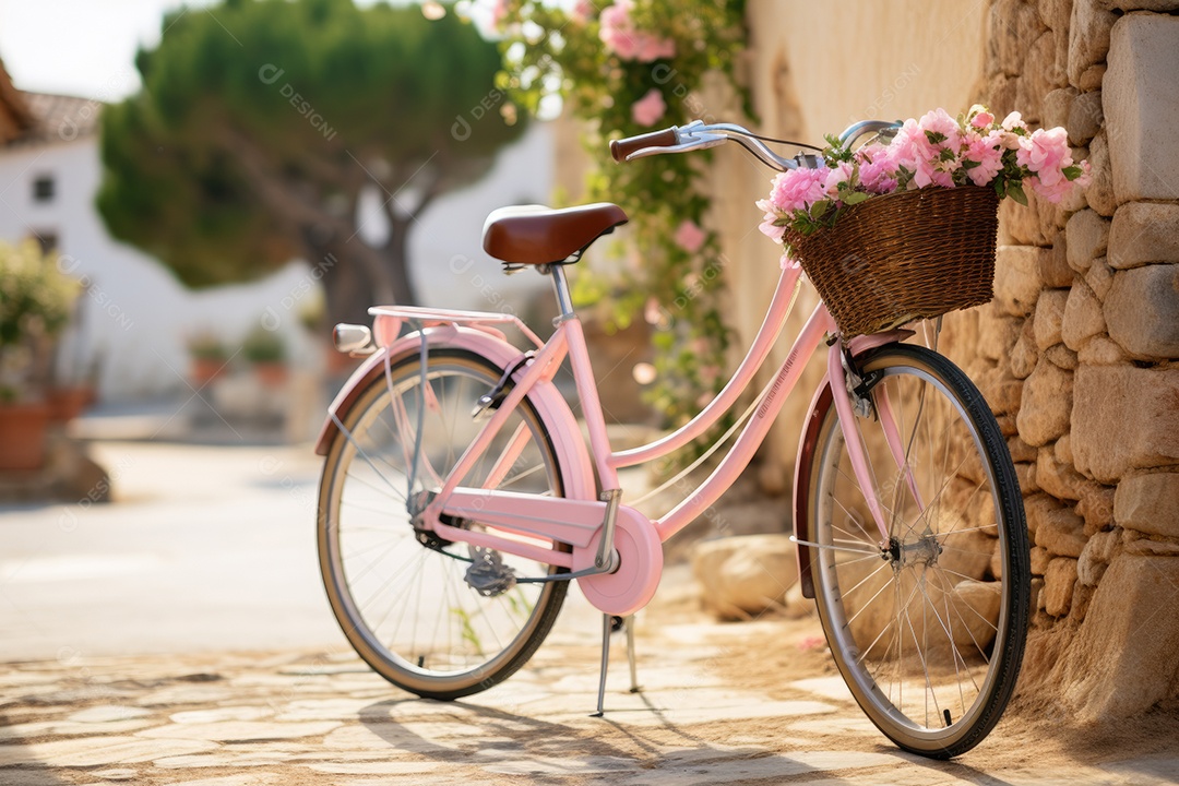 Bicicleta rosa Ibiza na rua em frente a uma pequena praça