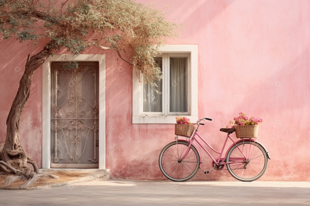 Bicicleta rosa Ibiza na rua em frente a uma pequena praça