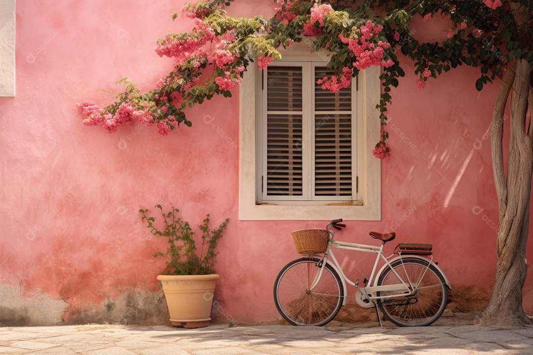 Bicicleta rosa Ibiza na rua em frente a uma pequena praça