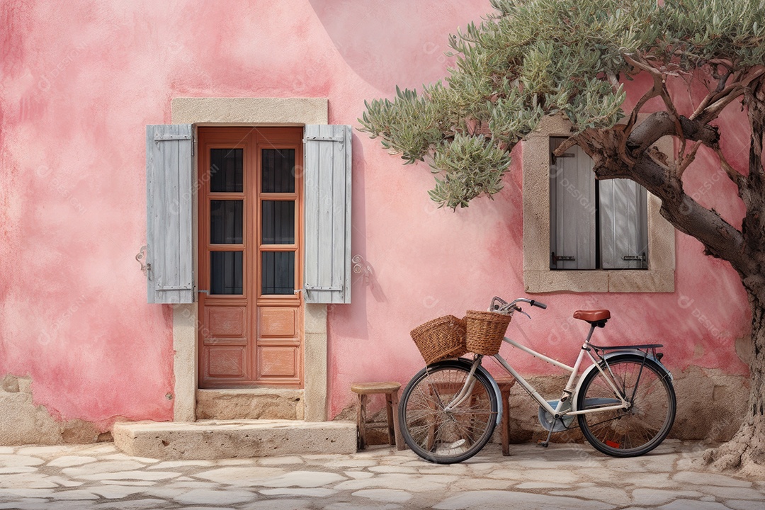 Bicicleta rosa Ibiza na rua em frente a uma pequena praça