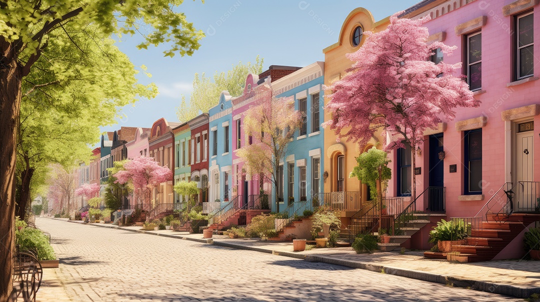 Primavera uma rua de tijolos coloridos ladeada por casas geminadas