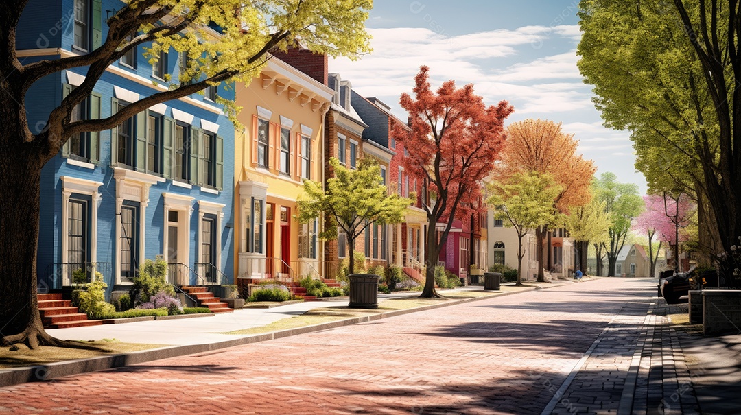 Primavera uma rua de tijolos coloridos ladeada por casas geminadas