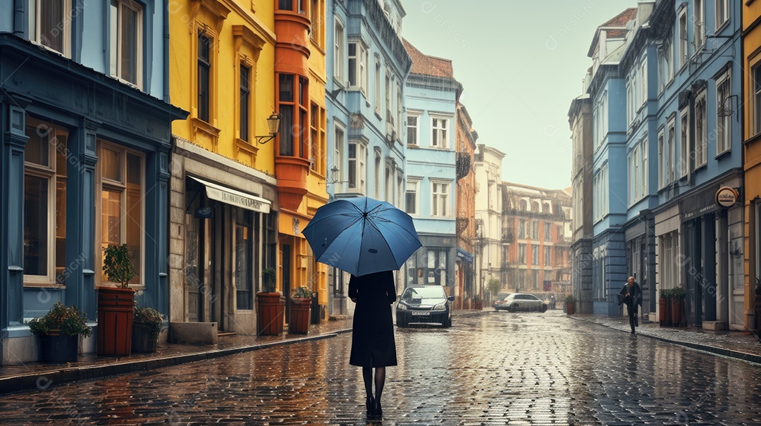 Primavera uma rua de tijolos coloridos ladeada por casas geminadas