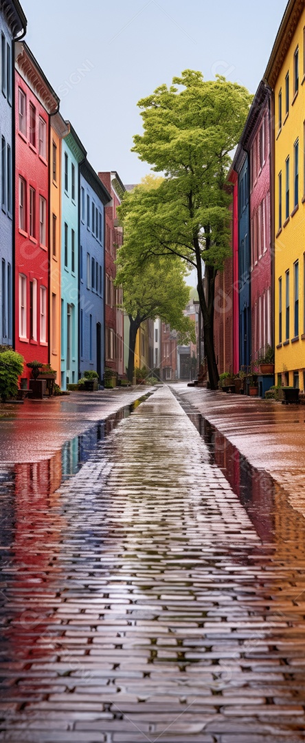 Primavera uma rua de tijolos coloridos ladeada por casas geminadas